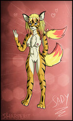 abstract_background anthro blonde_hair breasts dipstick_tail fan_character felid feline female hair hi_res hybrid line_art mammal multicolored_tail nipples nude pantherine photoshop pussy red_hair sharperit solo tiger