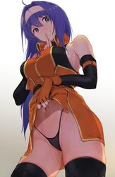 bad_anatomy belt black_legwear blue_hair blush breasts cowboy_shot detached_sleeves female finger_to_mouth fingerless_gloves fire_emblem fire_emblem:_path_of_radiance fire_emblem:_radiant_dawn gloves green_eyes hairband headband high_resolution index_finger_raised lifted_by_self long_hair looking_at_viewer looking_down medium_breasts messatsu_tan mia_(fire_emblem) navel pantsu self_exposure shushing skirt skirt_lift smile solo standing thighhighs thighs underwear white_hair_ornament white_hairband white_headband zettai_ryouiki