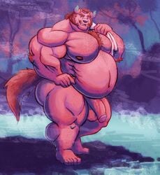 anthro ass balls bathing belly big_penis brosb4does chernobog chest_tuft demon facial_hair flaccid hairy horn hot_spring male male_only musclegut navel nipples nude pecs penis silver_stag tokyo_afterschool_summoners towel tuft video_games water