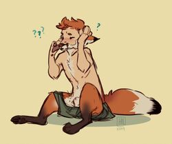 ? animal_genitalia blush canid canine clothed clothing digitigrade feral fox human male mammal multi_nipple nipples one_eye_closed pawpads reservoirdog_(artist) sheath sitting solo tail topless transformation