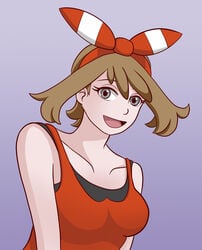 :d arms_at_sides bare_arms bare_shoulders breasts brown_hair collarbone female female_only grey_background grey_eyes happy hcitrus human human_only looking_at_viewer may_(pokemon) may_(pokemon_oras) medium_breasts neck nintendo open_mouth pokemon pokemon_oras red_tank_top short_hair simple_background smile solo tank_top upper_body