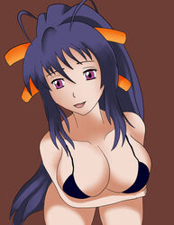 1girls akeno_himejima alternate_costume bare_arms bare_legs bare_shoulders bikini black_bikini black_hair black_swimsuit breast_hold breasts brown_background cartoony cleavage collarbone demon female female_only hair_between_eyes hair_ribbon happy hcitrus high_school_dxd humanoid large_breasts legs long_hair looking_at_viewer neck open_mouth orange_ribbon ponytail purple_eyes purple_hair ribbon simple_background smile solo swimsuit very_long_hair