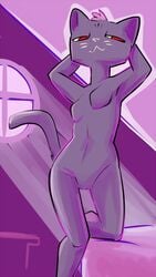 1girls anthro bedroom_eyes breasts domestic_cat featureless_breasts felid feline felis female front_view fur half-closed_eyes hands_behind_head inside looking_down mae_(nitw) mammal night_in_the_woods nontoxo nude on_one_leg pinup portrait pose purple_fur pussy red_eyes seductive smile solo squint standing three-quarter_portrait video_games