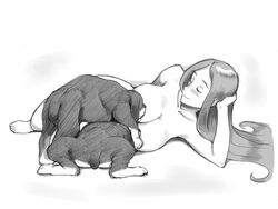 ambiguous_gender blush breastfeeding breasts canid canine canis closed_eyes dog domestic_dog female female_human female_human/male_feral female_on_feral feral group hair human human_breastfeeding_animal human_on_feral interspecies larger_female lying mammal mizuiro_megane monochrome nude on_side puppies puppy size_difference sketch smaller_ambiguous smile zoophilia