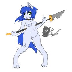 2019 alon alonwoof anthro bare_sands barefoot big_breasts blue_hair blue_tail breasts canid canine canis casual_nudity female fluffy fluffy_tail fur gc-mia green_eyes hair hi_res looking_at_viewer mammal melee_weapon naginata nipples nude polearm pussy simple_background slightly_chubby solo standing thick_thighs video_games weapon white_fur wolf