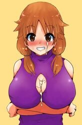 after_paizuri arms_under_breasts breasts brown_hair cleavage_cutout crossed_arms cum cum_on_body cum_on_breasts cum_on_upper_body eyebrows_visible_through_hair female grin idolmaster idolmaster_cinderella_girls katagiri_sanae large_breasts short_twintails siirg_nndnmn simple_background smile stray_pubic_hair twintails