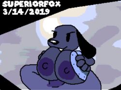 2019 animated areola beady_eyes bella_(toedi) big_breasts breasts canid canine canis domestic_dog eyelashes female floppy_ears hand_on_breast huge_breasts humanoid_penis incest jacob_(toedi) loop male mammal nipples outercourse paizuri penis pixel_art sex smile straight superiorfox