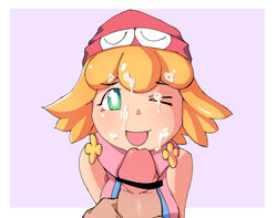 amitie beanie blonde_hair censored clothed_female_nude_male cum_on_closed_eye cum_on_face cute eyebrows_visible_through_hair facial green_eyes hat one_eye_closed open_mouth penis puyo_puyo puyo_puyo_fever ruw_ruler short_hair tagme