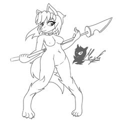 2019 alon alonwoof anthro bare_sands barefoot big_breasts breasts canid canine canis casual_nudity female fluffy fluffy_tail fur gc-mia hair line_art mammal melee_weapon naginata nipples nude polearm pussy simple_background slightly_chubby solo standing thick_thighs video_games weapon wolf