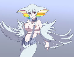 areolae bare_shoulders breast_hold breasts brown_eyes choker cleavage closed_mouth erect_nipples eyebrows_visible_through_hair female female_only gradient_background grey_skirt hcitrus kill_la_kill kiryuuin_ragyou large_breasts long_skirt looking_at_viewer multicolored_hair navel neck rainbow_hair revealing_clothes short_hair silver_hair skirt smile solo standing suspender_skirt suspenders