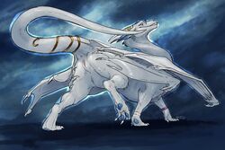 2018 anus ass claws dragon eyewear female feral fur furred_dragon glasses horn looking_back malik membranous_wings moon_dragon nitrods nude pawpads paws presenting presenting_hindquarters pussy solo white_fur wings