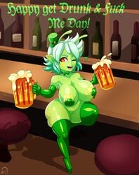 alien beer breasts chubby elbow_gloves erozer female gloves green_hair green_skin high_heels holidays huge_breasts latex latex_gloves pasties red_eyes shortstack st._patrick's_day thick_thighs thigh_highs winking