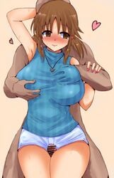 1boy arm_grab blush breast_grab breasts brown_hair dark-skinned_male dark_skin female grabbing guided_breast_grab hand_under_clothes hand_under_shirt heart heart_pendant idolmaster idolmaster_cinderella_girls jewelry large_breasts lowleg lowleg_pants medium_hair pants pendant penis shirt siirg_nndnmn simple_background sleeveless sweat thigh_sex totoki_airi