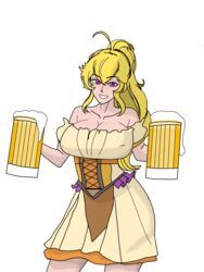 aestheticc-meme barmaid big_breasts big_hair blonde_hair blush breasts cleavage dress drinks huge_breasts purple_eyes rwby skirt smile waitress yang_xiao_long