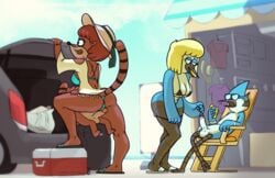 2019 4_fingers anthro ass avian balls barbera_(regular_show) beach bedroom_eyes big_breasts bikini bird blonde_hair blue_feathers blue_jay breasts brown_fur brown_hair camel_toe cartoon_network cleavage clothed clothed/nude clothed_female_nude_male clothing corvid erection eyewear feathers female fur hair half-closed_eyes hilary_(regular_show) incest larger_female male mammal micro_bikini mordecai mordecai's_mom mother mother_and_son nude open_mouth parent penis procyonid public pussyjob raccoon rear_view regular_show rigby rigby's_mom seaside seductive size_difference son straight sunglasses swimsuit ta777371 teasing thick_thighs undressing
