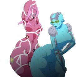 2girls artist_request big_ass blue_skin breasts curvy female female_only humanoid jojo's_bizarre_adventure jojolion large_breasts lesbian long_hair multiple_girls paisley_park pink_hair pink_skin shounen_jump stand_(jjba) stone_free stone_ocean thick_thighs voluptuous wide_hips yuri