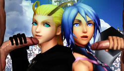 2boys 2girls 3d aqua_(kingdom_hearts) black_coat blonde_hair blue_eyes blue_hair coat faceless_male gloves handjob handwear human kingdom_hearts larxene male outerwear penis ratounador straight tagme video_games xnalara