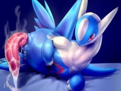 1boy 3_fingers 4:3 animal_genitalia bamia belly blue_background blue_fur claws cum cum_on_penis cum_on_self dragon edit erection excessive_cum eye_contact feral furry genital_slit huge_penis latios legendary_pokémon long_neck long_penis looking_at_viewer male male_only nintendo no_nipples nude on_side penis pokemon pokemon_(species) pokemon_rse red_eyes red_fur scalie slit smell solo steam tapering_penis uncensored video_games visible_stench wet white_fur