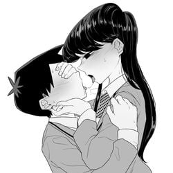 1boy 1girls black_and_white black_hair blush canon_couple couple female femdom french_kiss french_kissing happy hug kissing komi-san_wa_komyushou_desu komi_shouko looking_at_another love malesub monochrome romantic saliva saliva_string school_uniform sensual short_hair sweat tadano_hitohito tongue tongue_kiss tongue_kissing tongue_out very_long_hair wholesome