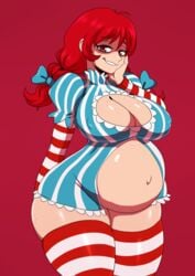 1girls breasts cleavage cleavage_cutout clothing curvaceous dress edit erect_nipples female female_only freckles grin high_resolution huge_breasts large_breasts long_hair looking_at_viewer naughty_face nipples pregnant ready_to_pop red_eyes red_hair seductive seductive_smile smile solo sssonic2 striped striped_dress striped_legwear thick_thighs thighhighs thighs third-party_edit tied_hair twintails wendy's wendy_thomas wide_hips zettai_ryouiki