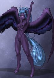 2019 5_fingers abs absurdres anthro blue_eyes blue_hair equid equine feathered_wings feathers female furry highres hooves mammal mykegreywolf nipples nude pterippus pussy simple_background smile solo standing wings