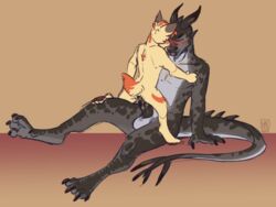 anthro balls blush canid canine canis claws cuntboy domestic_dog dragon dripping duo hindpaw horn intersex male mammal nude open_mouth paws penetration penis reservoirdog_(artist) scar size_difference toe_claws toe_curl tongue tongue_out