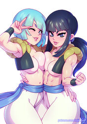 2girls black_hair blue_eyes blue_hair bob_cut breast_press breast_squish breasts bulma_briefs chichi clothing cosplay dragon_ball dragon_ball_z exposed_breasts female female_only kajinman medium_breasts metamoran_clothing milf multiple_girls no_bra one_eye_closed pants v vest wink yuri