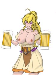 aestheticc-meme barmaid big_breasts big_hair blonde_hair blush breasts breasts_out cleavage dress drinks huge_breasts nipples purple_eyes rwby skirt smile sweat topless waitress yang_xiao_long