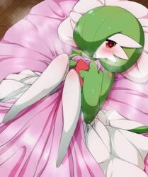 1girls 3_fingers adorable ass bed bed_sheet blush cute cute_face dress feet female female_only feral flat_chest gardevoir green_hair green_skin hair_over_one_eye hanekumo heart heart-shaped_pupils heavy_breathing holding looking_at_viewer nintendo no_breasts open_mouth orange_eyes pokémon_(species) pokemon pokemon_(species) pokemon_rse short_hair solo source_request