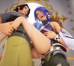 1girls 2boys 3d anal anal_sex andelx aqua_(kingdom_hearts) ass blonde_hair blue_eyes blue_hair bottomless brown_hair clothing double_penetration feet_out_of_frame female from_behind held_up kingdom_hearts leg_grab male open_mouth penetration penis pussy rape reverse_suspended_congress sandwiched sex short_hair skinny skinny_girl smooth_skin spread_legs stand_and_carry_position standing standing_sex straight suspended_congress terra_(kingdom_hearts) vaginal_penetration ventus video_games