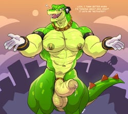 abs anthro balls bara big_balls big_penis crocodile crocodilian english_text erection foreskin gay glans male male_only muscles muscular nipple_piercing nipples nude partially_retracted_foreskin pecs penis precum precum_drip reptile scalie solo sonic_(series) sxf-pantera sxfpantera uncut vector_the_crocodile video_games