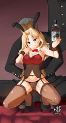 1boy alcohol animal_ears aquaegg black_legwear black_panties blonde_hair blue_eyes blush bottle breasts bunny_ears bunnysuit cameltoe cleavage erect_nipples fake_animal_ears female garter_straps girls_und_panzer highres kay_(girls_und_panzer) large_breasts lingerie looking_at_viewer navel panties smile thighhighs underwear whiskey