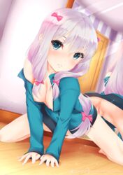 bilibala blue_eyes blue_jacket bow breasts censored cleavage eromanga_sensei hairbow highres izumi_sagiri jacket long_hair long_sleeves looking_at_viewer medium_breasts mirror naked_coat nipples open_clothes open_jacket parted_lips pink_bow pussy sidelocks silver_hair sparkle very_long_hair watermark wooden_floor