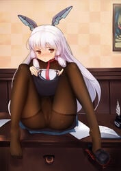 :o bangs blush bottle brown_legwear checkered checkered_wall crotch crotch_seam drawer dress dress_lift female frame full_body fully_clothed hair_ribbon headgear indoors ink_bottle kantai_collection legs lifted_by_self long_hair looking_at_viewer magic_xiang murakumo_(kantai_collection) navel necktie no_panties no_shoes on_table orange_eyes pantyhose paper pussy quill red_neckwear ribbon sailor_dress shoe_dangle shoes sidelocks single_shoe sitting sitting_on_table solo spread_legs table thighband_pantyhose tress_ribbon upskirt white_hair wooden_wall