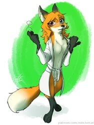 2019 abstract_background amber_(mancoin) anthro barefoot blue_eyes breasts canid canine clothing dipstick_tail eyewear featureless_breasts female fox full-length_portrait glasses green_background heterochromia holding_object looking_at_viewer mammal markings mostly_nude multicolored_tail portrait pussy red_eyes red_fox robcivecat robe signature simple_background small_breasts socks_(marking) solo standing url white_background