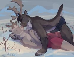 2boys anthro antlers blue_eyes blue_underwear blush briefs brown_fur bulge capreoline cervid cervine clothing erection erection_under_clothes frottage fur gay horn lying male male_only mammal missionary_position mostly_nude on_back outside penis_outline red_underwear reindeer sex short_tail smile snow underwear vulgarstarling yaoi