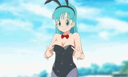 1girls animated blue_eyes blue_hair breasts breasts_out bulma_(bunny) bulma_briefs bunny_costume bunnygirl bunnysuit cleavage dragon_ball exhibitionism female female_only goldmondsel large_breasts nipples no_sound shounen_jump solo standing teenager video