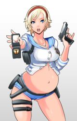 badge belt blonde_hair blue_eyes blue_sailor_collar blush butcha-u eroquis female firearm gun hairband handgun headband holding_weapon holster japanese_language japanese_text legband light_background midriff navel open_mouth parkdale pregnant ready_to_pop resident_evil resident_evil_2 resident_evil_6 sailor_collar sherry_birkin short_hair short_shorts shorts simple_background solo sweat sweatdrop text third-party_edit weapon white_background