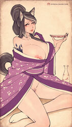 1girls alcohol animal_ears bbc-chan bindi eyeliner female female_only fox_girl holding_object huge_breasts kemonomimi kimono lipstick looking_at_viewer milf monster_girl ponytail pubic_hair simple_background solo tail tattoo