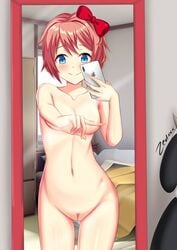 1girls arm_covers_breast bed blue_eyes blushing bow colored covered_nipples covering_breast doki_doki_literature_club eyebrows_visible_through_hair female female_focus female_only hairbow iphone just_sayori landing_strip light-skinned_female looking_at_viewer mr._cow_(doki_doki_literature_club) nude nude_female one_finger_selfie_challenge pink_hair pubic_hair pussy red_bow rosettes sayori_(doki_doki_literature_club) selfie signature smiling solo solo_female solo_focus thigh_gap thighs trimmed_pubic_hair uncensored vagina zedxxx