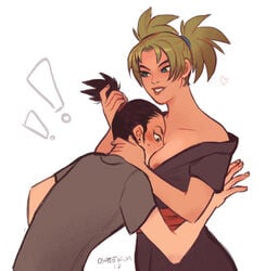 black_eyes black_hair blonde_hair blush breast_press breasts canon_couple clothing couple female fully_clothed green_eyes hair_grab head_between_breasts lipstick male nara_shikamaru naruto naruto_(series) naruto_shippuden nipples osato-kun overflowing_breasts ponytail ponytail_hold straight sweat sweatdrop t-shirt temari tied_hair twintails