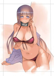 10hmugen 1girls big_breasts bikini bikini_bottom bikini_top blush busty cleavage emmaai female female_only human hyuuga_hinata large_breasts naruto naruto_(series) naruto_shippuden nipple_bulge nipples purple_eyes purple_hair solo