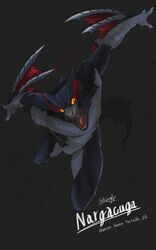 action_pose animal_genitalia anthro anthrofied athletic attack black_skin capcom dragon english_text flying flying_wyvern genital_slit glowing glowing_eyes hi_res jumping male male_only monster_hunter nargacuga open_mouth pose signature slit solo text video_games wings yamato-art