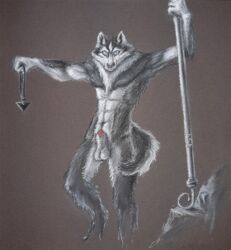 2019 amulet animal_genitalia animal_penis anthro anthro_only balls black_fur black_triangle canid canid_humanoid canine canine_penis canis crosier domestic_dog eila_(nartist) fur furry grey_background hi_res husky looking_at_viewer male male_only mammal muscular nartist navel no_humans nude pastel_(artwork) penis penis_tip pose runes sheath simple_background solo staff standing traditional_media_(artwork) were werecanid werecanine werewolf white_fur wolf