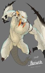 action_pose animal_genitalia anthro attack barioth capcom claws dragon english_text flying flying_wyvern genital_slit hi_res horn looking_at_viewer male male_only monster_hunter muscular muscular_male open_mouth pose scales signature slit solo text tusks video_games white_scales wings yamato-art yellow_eyes