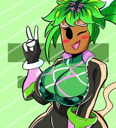 big_breasts blaster_master blaster_master_zero blaster_master_zero_2 blush bodysuit color female flower green_background green_hair green_skin kanna_(blaster_master) looking_at_viewer mob_face open_mouth plant_girl plantie roachieboi98 solo striped_background tongue unzipped_bodysuit v watermelon_bra watermelon_nets wink