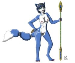 1girls 2019 [in]vader anthro blue_fur blue_hair breasts canid canine chest_tuft clitoris digitigrade female fluffy fluffy_tail food fox fur fur_markings green_eyes hair hairband half-closed_eyes hand_on_hip hi_res jewelry krystal krystal's_staff krystal_can't_enjoy_her_sandwich looking_at_viewer mammal markings nintendo nipples nude pussy sandwich_(food) solo staff star_fox tailband tribal_markings tuft video_games white_fur