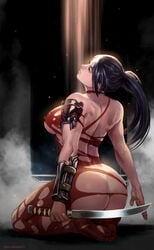 1girls arm_armor armor ass ass_cleavage ass_focus big_ass black_hair blade butt_crack dat_ass exposed_ass exposed_back gauntlets impossible_bodysuit kasai_x3 kneeling kunoichi lean_muscle leaning_back lejeanx3 muscle muscular_female nipple_bulge nipples_visible_through_clothing on_knees plump_ass ponytail red_bodysuit skin_tight skin_tight_outfit soul_calibur sunlight taki toes toned_body toned_female torn_bodysuit torn_clothes video_games weapon