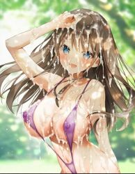 ai_assisted ai_generated areolae arm_up ass bare_shoulders bikini black_hair blue_eyes blush breasts collarbone cum_drip cum_on_body cum_on_breasts cum_on_face cum_on_hair day erotic highres large_breasts long_hair looking_at_viewer midriff navel nipples nipples_visible_through_clothing nude see-through slingshot_bikini standing sweat thighs third-party_edit weri wet