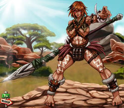 7th-heaven artist_name barefoot breasts brown_hair clothing feet female female_only hair namco original_character outside solo soul_calibur spear underboob video_games watermark